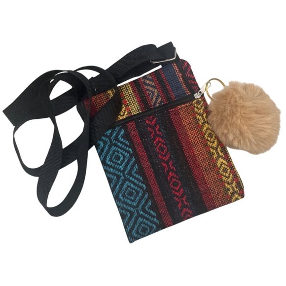 2/$30 Small Crossbody Bag Multicolor Stripes Adjustable Camel Mink Pom Pom - Picture 7 of 8